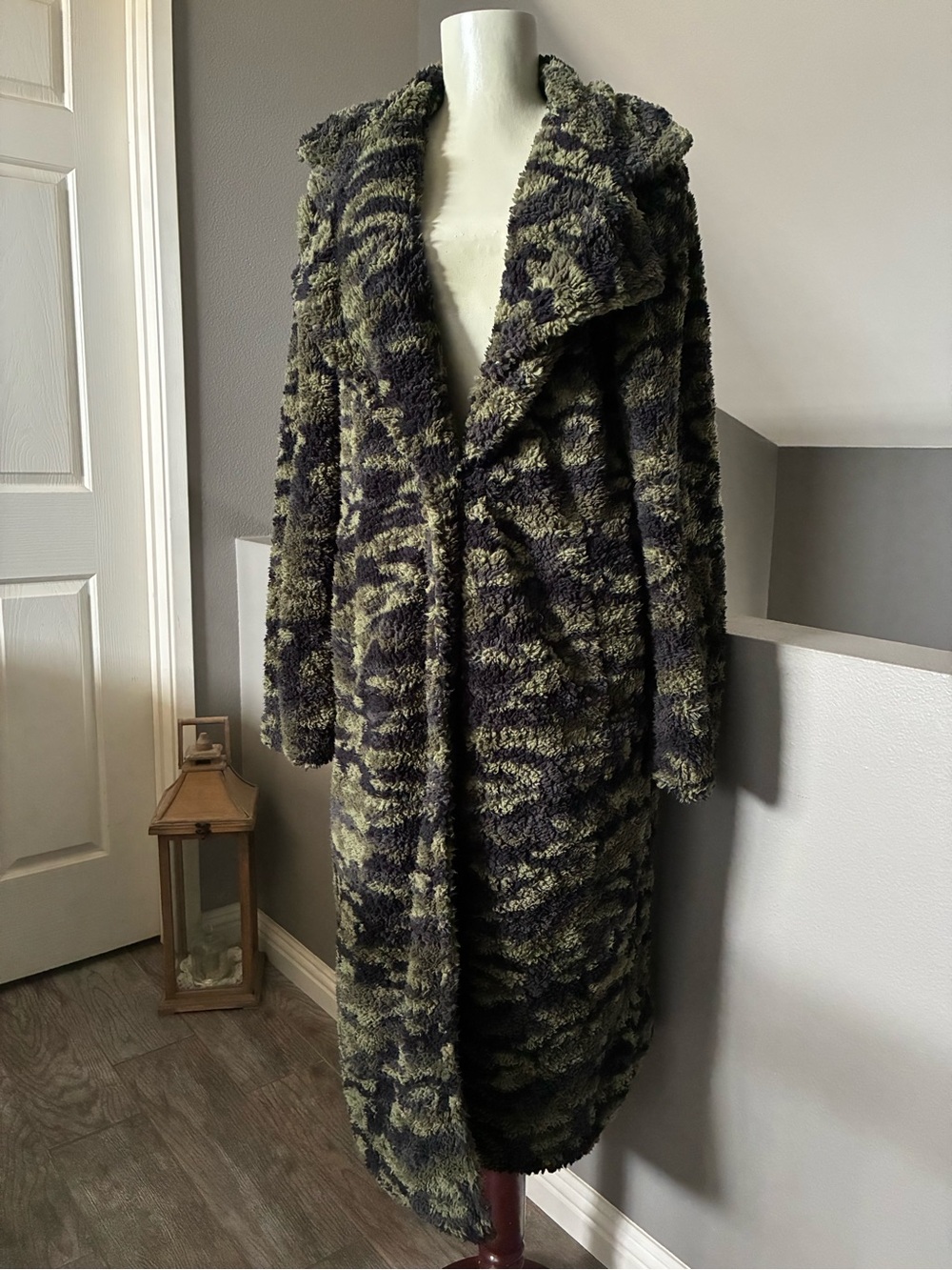 Fashion Nova Sherpa Trench Coat Olive Camo Faux Fur Fleece